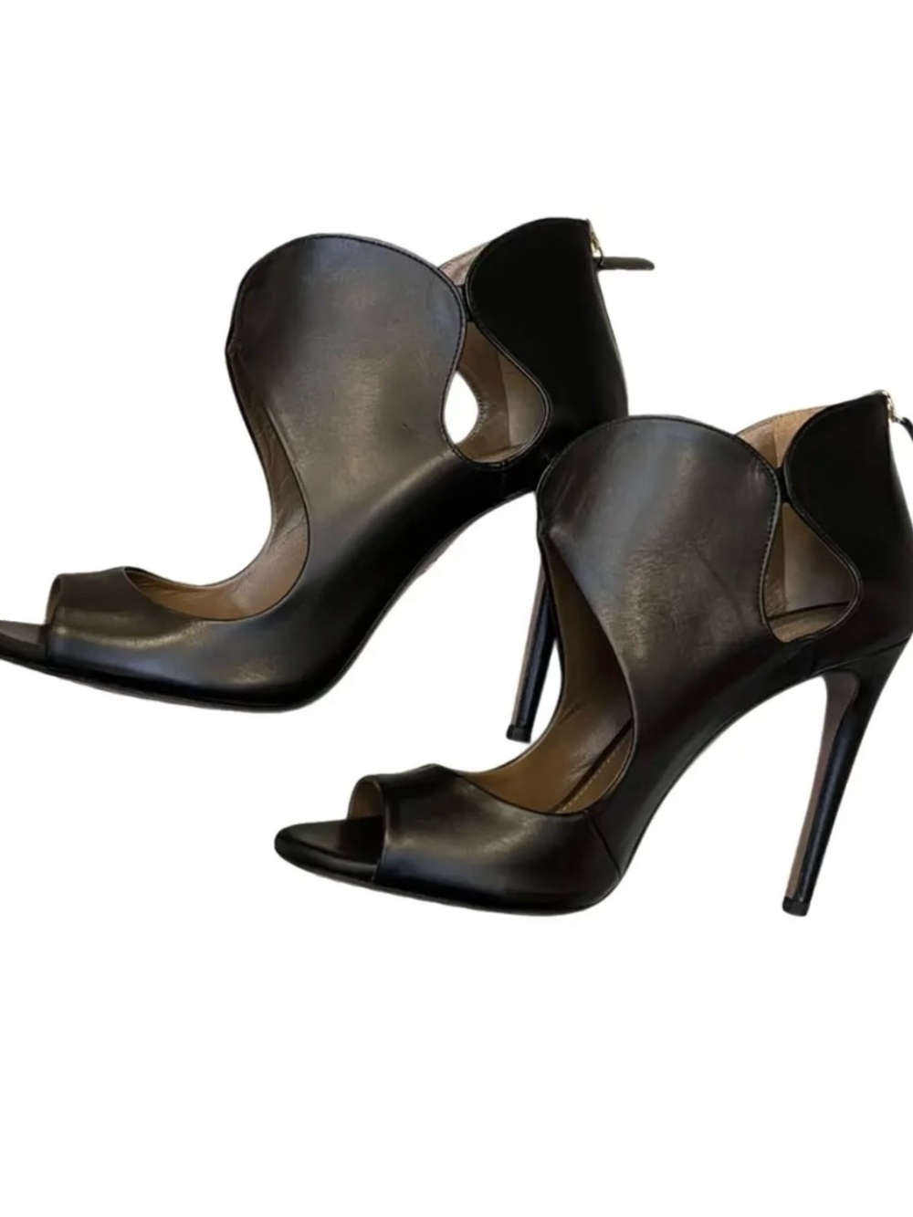 Aquazzura “Elle” 4 inch Cutout Peep-Toe Stiletto Heels. Size 39. Black leather.